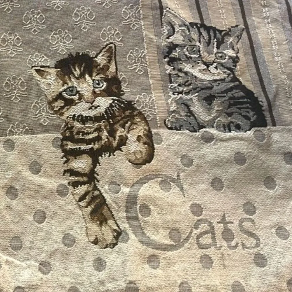 Vintage Tapestry Cat Tote Bag Large Black Gray Cotton Canvas Handmade NOS 16x16
